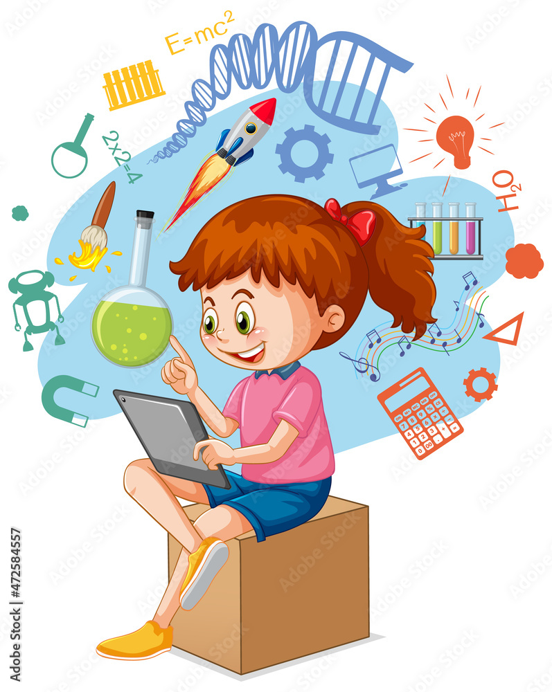 Young girl using tablet with education icons Young girl using tablet with education icons
