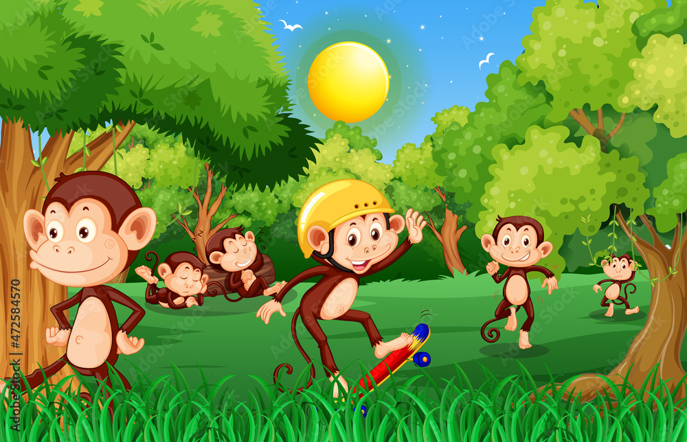 Obraz premium Forest scene with funny monkeys cartoon