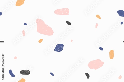 Terrazzo modern vector seamless pattern. Granite fragments, irregular shapes abstract backdrop. Chaotic mosaic small pieces on white background. Stones texture. Marble textile, tile design.