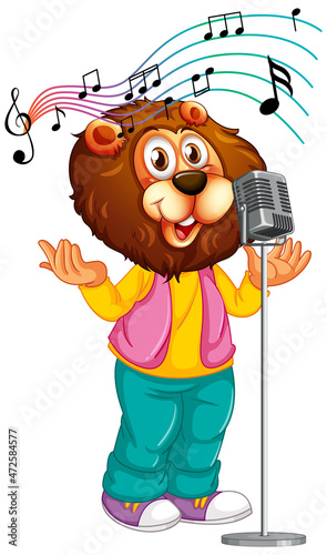 Cartoon lion singing with microphone