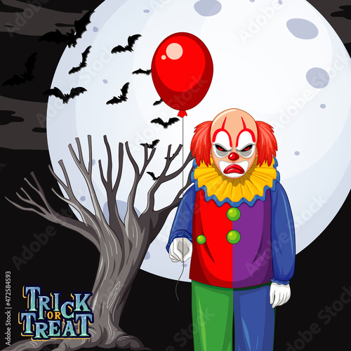 Scary clown holding balloon on full moon background