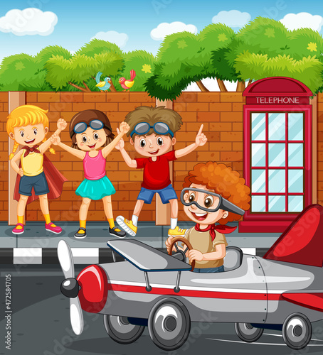 Outdoor scene with children racing car