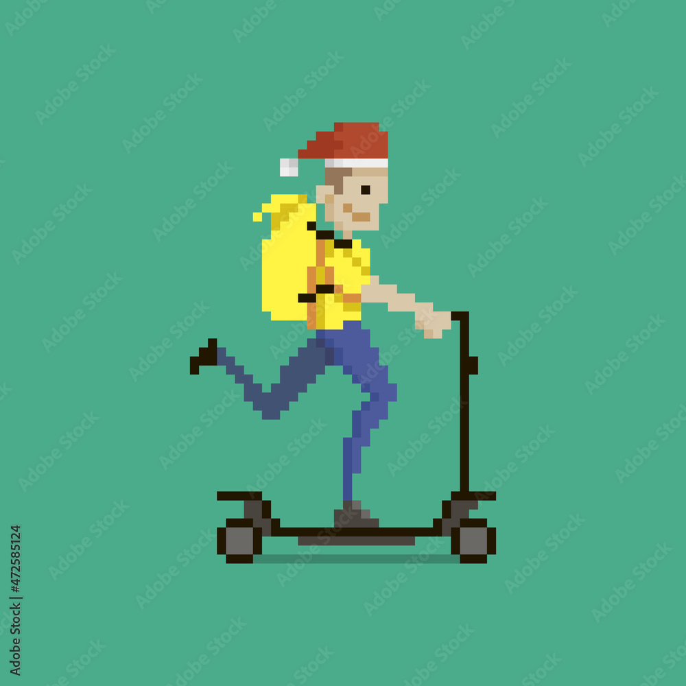 colorful simple flat pixel art illustration of cartoon Christmas hat character delivery man in yellow uniform with yellow backpack riding scooter
