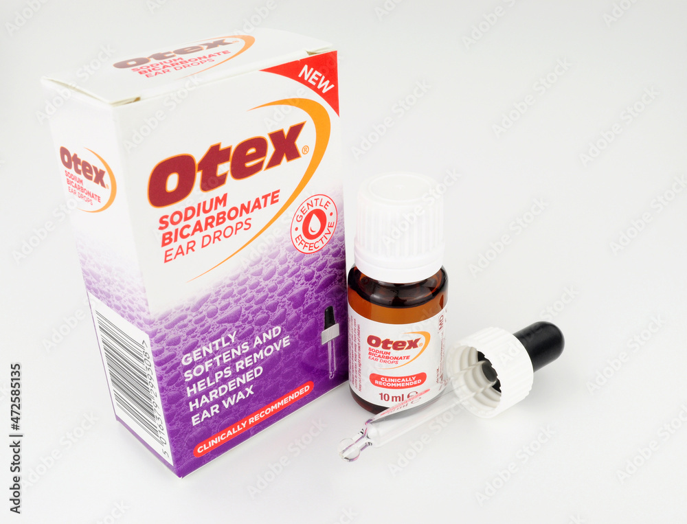 Otex sodium bicarbonate ear drops used to help remove hardened ear wax Stock Photo Adobe Stock