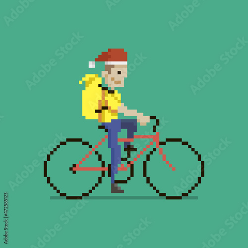 colorful simple flat pixel art illustration of cartoon Christmas hat character delivery man in yellow uniform with yellow backpack riding red bike © George_Chairborn