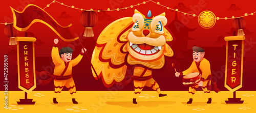 Chinese New Year  Year Of Tiger Dancing on Parade Cartoon Illustration  For Web Head Banner  Cover  Card or Banner