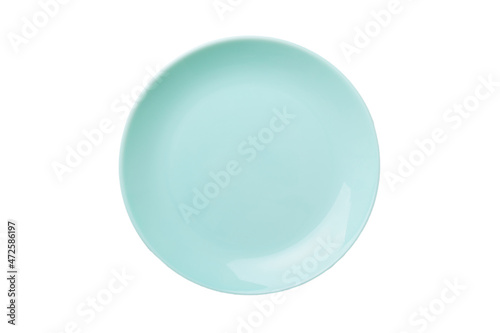 Blue ceramic round plate isolated over white background. Top view