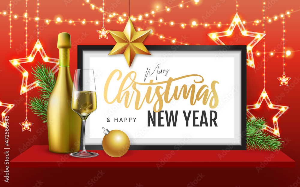 Merry Christmas and happy New Year poster with christmas holiday decorations. Chrisrmas background with string of lights. 3D interior design with black frame on red walll shelf.