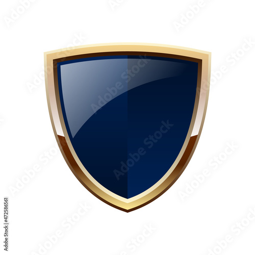 Blue and gold shiny shield. Glowing metallic medieval coat of arms. Luxury heraldic logo element. Protection and safety concept. Place for text. Strong and mighty. Vector illustration, flat, clip art.