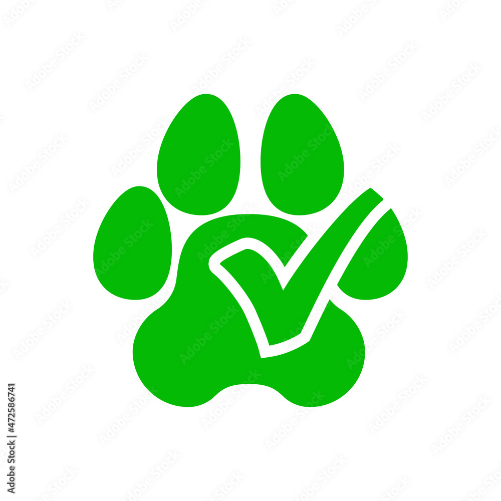 Pet friendly. Logotipo con silueta de zarpa de gato o perro con forma de casilla de verificación con checkmark en color verde Pet friendly. Logotipo con silueta de zarpa de gato o perro con forma de casilla de verificación con checkmark en color verde