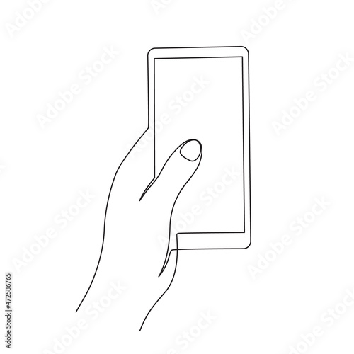 Hand holding smartphone one line art, continuous contour. Mobile device with blank screen.Doodle, sketch style, minimalist design. Editable stroke. Isolated. Vector illustration