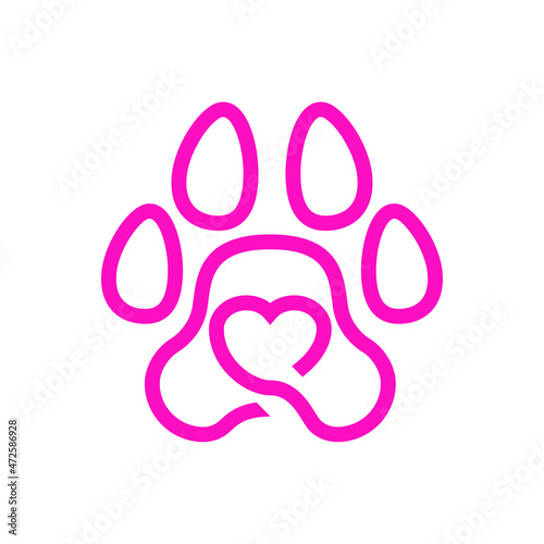Love pet. Logotipo con zarpa de gato o perro con corazón con líneas en color rosa