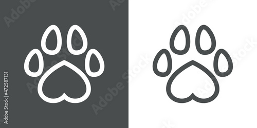 Love pet. Logotipo con zarpa de gato o perro con forma de corazón con líneas en fondo gris y fondo blanco
