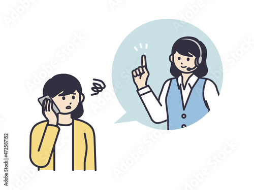 コールセンターの女性に電話で相談する女性のイラスト素材