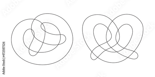 Pretzels one line art,hand drawn continuous contour.Delicious appetizing pastries.Decorations,emblems for bakery and food store.Minimalist design.Editable stroke.Isolated. Vector illustration