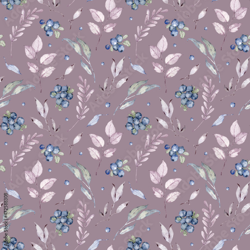 Watercolor blue berries and pink leaves. Winter background. Frosty botanical seamless pattern. Christmas decoration.