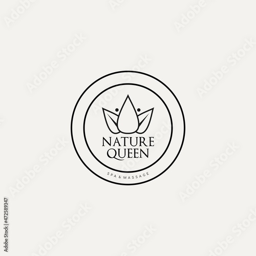 Round spa logo in line art style with leaves. Vector illustration
