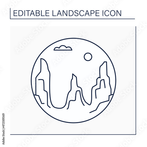 Canyon line icon. Deep gorge, narrow valet indentation with steep sides. Landscape concept.Isolated vector illustration. Editable stroke