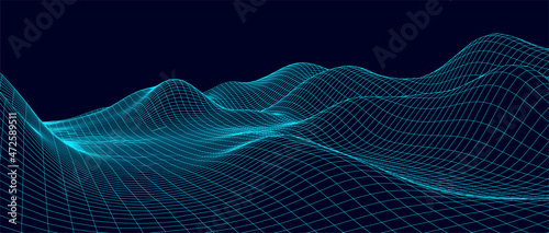 Vector mountain wireframe landscape. Technology polygonal terrain. Futuristic background.