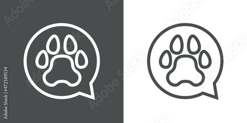 Pet chat. Logotipo con zarpa de gato o perro en burbuja de habla con líneas en fondo gris y fondo blanco