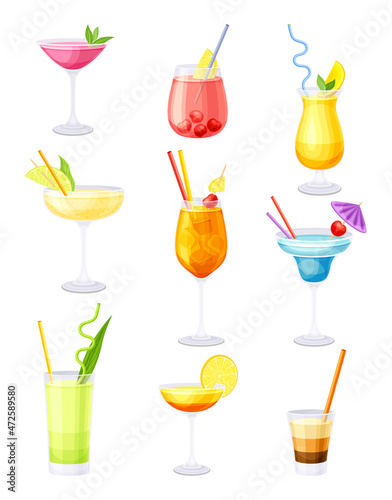 Set of alcoholic or non alcoholic cocktails. Freshness summer beverages vector illustration