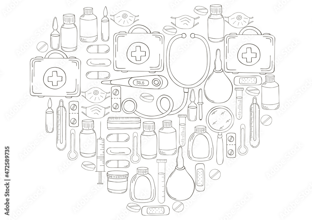 Monochrome medical illustrations. Coloring pages, black and white Monochrome medical illustrations. Coloring pages, black and white