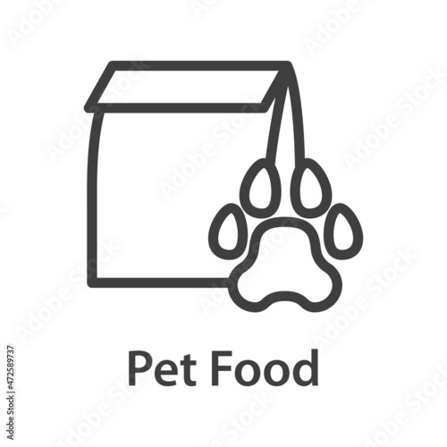 Logotipo con texto Pet Food con zarpa de gato o perro en bolsa de papel con líneas en color gris