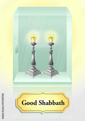 Design of a glass showcase with candlesticks and oil candles lit in honor of Shabbat