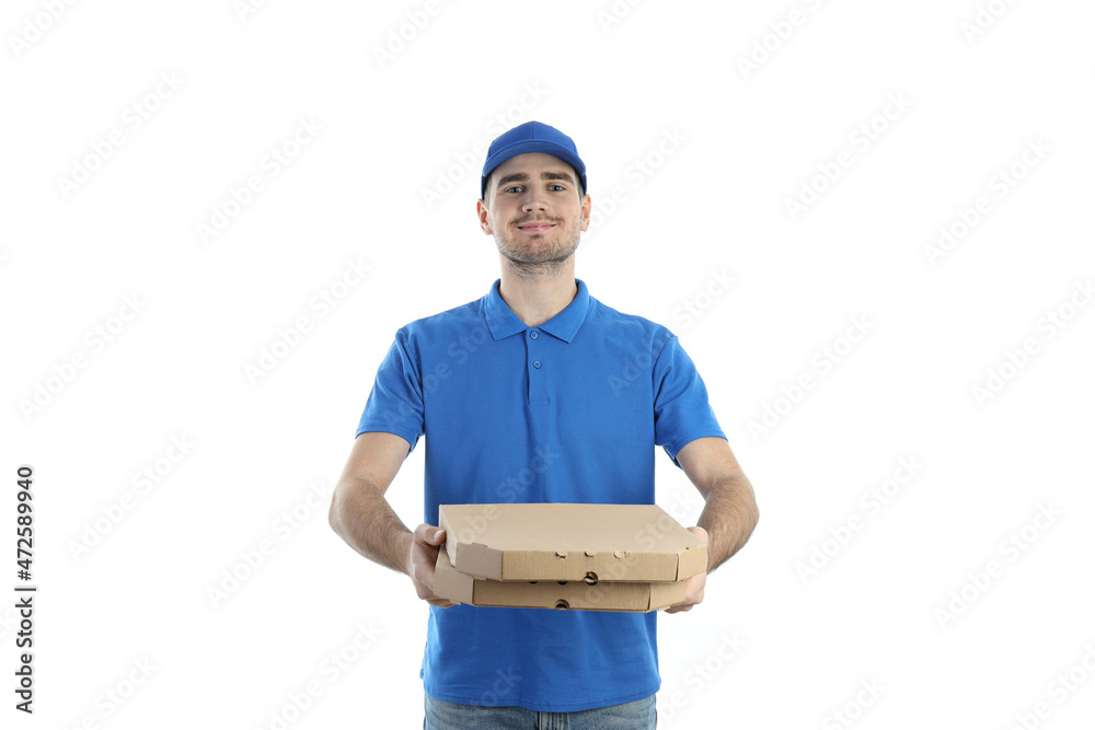 Delivery man holds pizza, isolated on white background Delivery man holds pizza, isolated on white background
