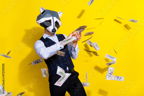 Obraz na płótnie Photo of crazy bizarre authentic guy racoon mask waste billion dollars lottery w