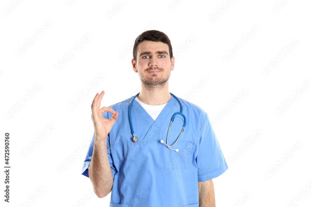 Attractive doctor intern isolated on white background