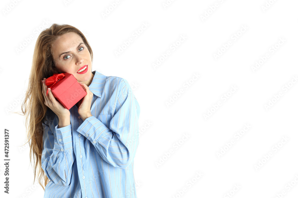 Attractive woman holds gift box, isolated on white background Attractive woman holds gift box, isolated on white background