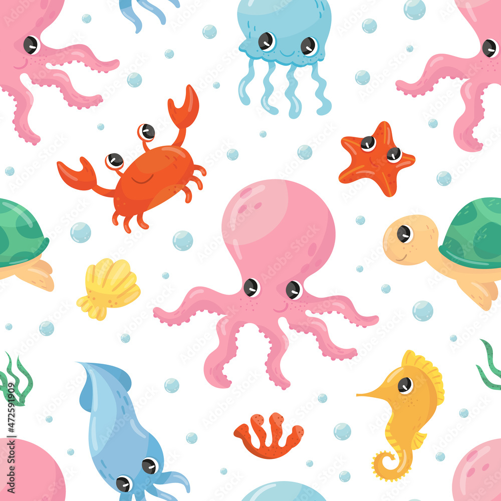 Cute marine animals seamless pattern. Marine life background, wallpaper, cover, textile design vector illustration