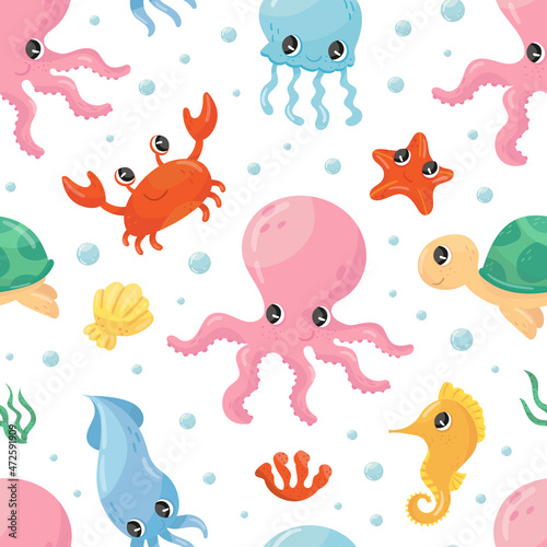 Cute marine animals seamless pattern. Marine life background, wallpaper, cover, textile design vector illustration