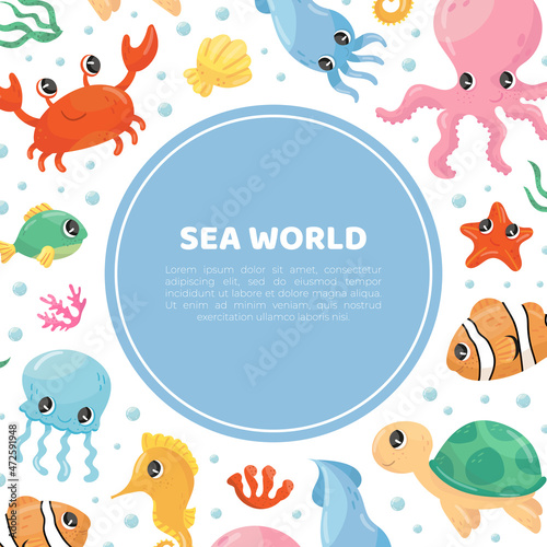 Cute marine animals banner template. Undersea world poster, card, backdrop vector illustration