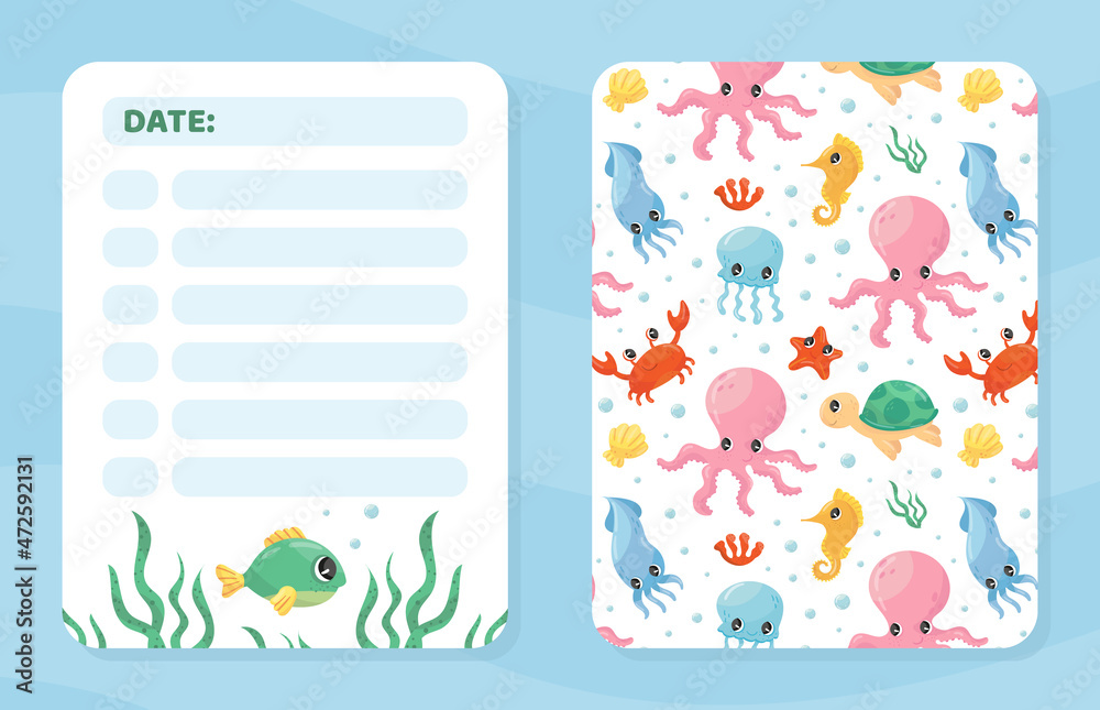 Diary sheet with lines and cute sea creatures. Booklet, planner, notepad, diary template design vector illustration