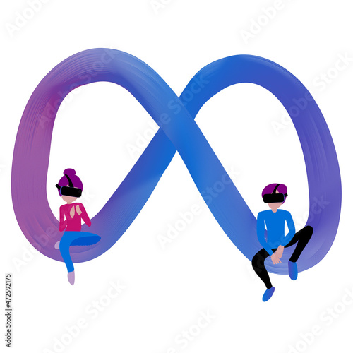 metaverse with people sitting on meta logo in vr glasses