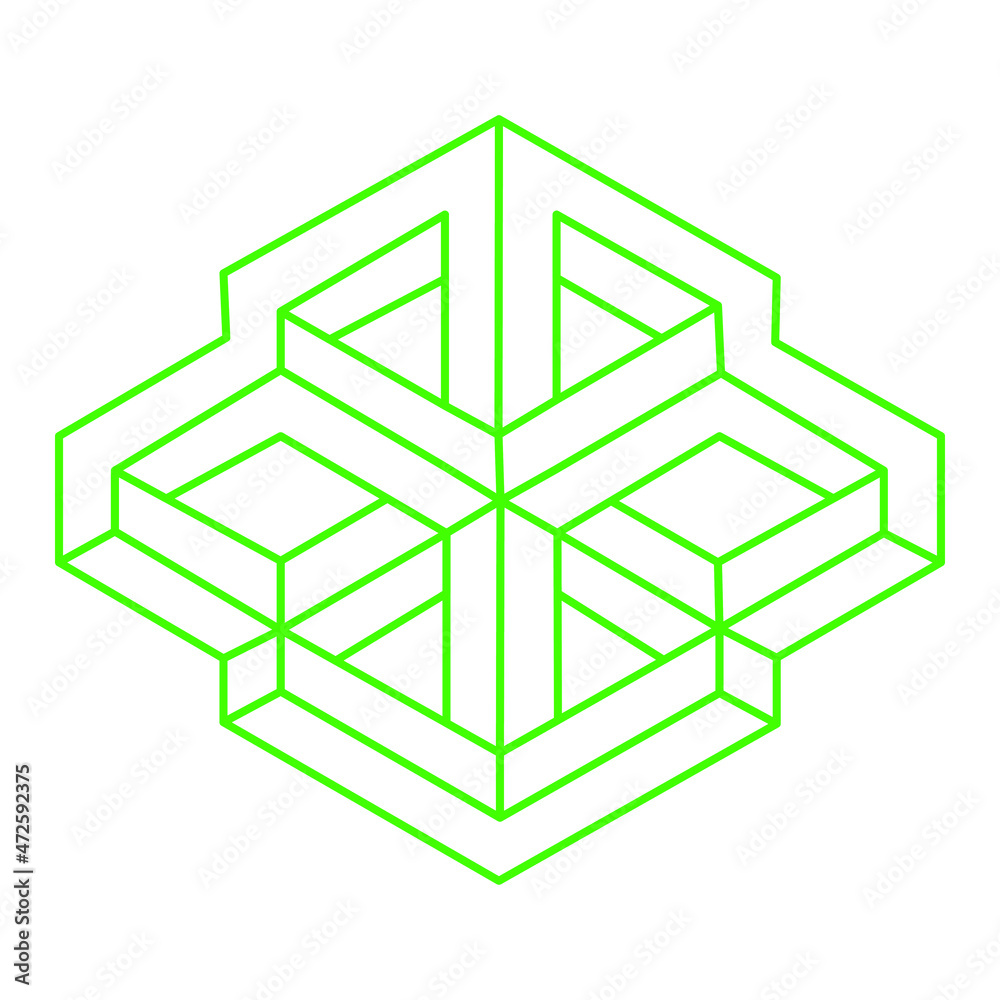 Logo. Optical illusion shapes. Optical art object. Impossible green figure. Escher style. Geometry. Logo. Optical illusion shapes. Optical art object. Impossible green figure. Escher style. Geometry.