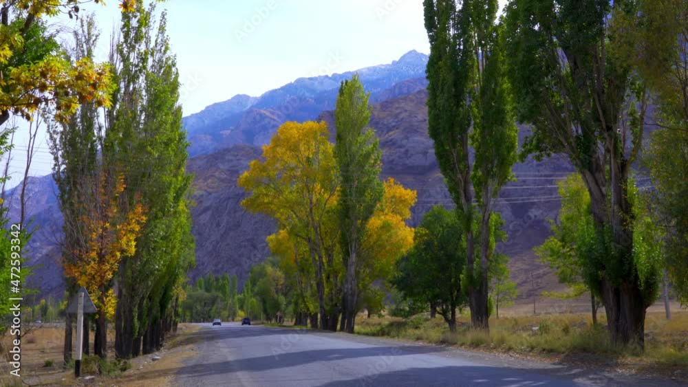 Car on the mountain road with autumn leaves on trees Car on the mountain road with autumn leaves on trees