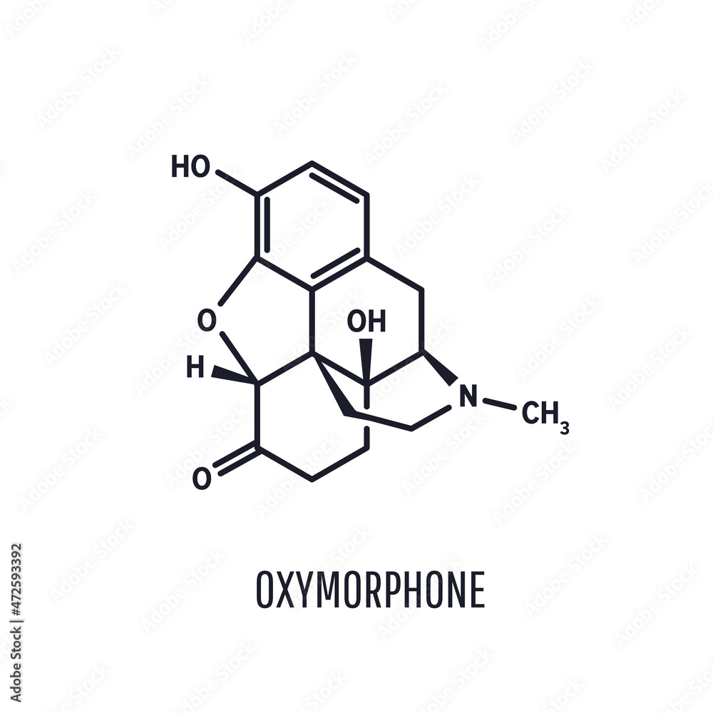 Oxymorphone opioid analgesic drug molecule, skeletal chemical formula, vector illustration