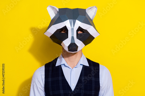 Photo of successful manager agent employee wear raccoon polygonal mask vest isolated yellow color background