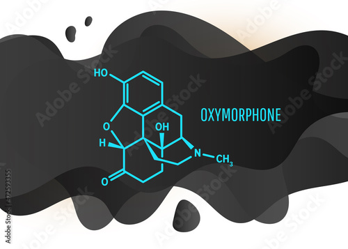 Oxymorphone opioid analgesic drug molecule, skeletal chemical formula with liquid fluid shapes on white background, vector illustration