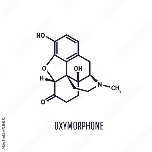 Oxymorphone opioid analgesic drug molecule, skeletal chemical formula, vector illustration
