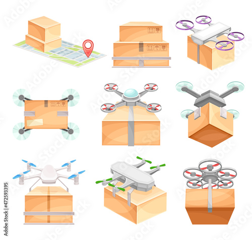 Drone carrying parcel boxes to customers set. Modern express delivery air service vector illustration