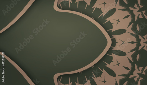 Green color banner template with brown mandala pattern and place for logo or text
