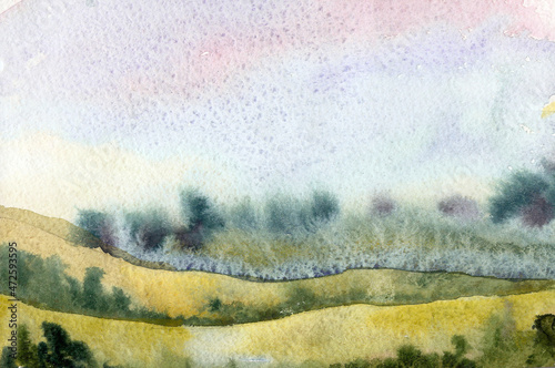 Watercolor landscape of the terrain with trees on the horizon in blurred technique. Illustration