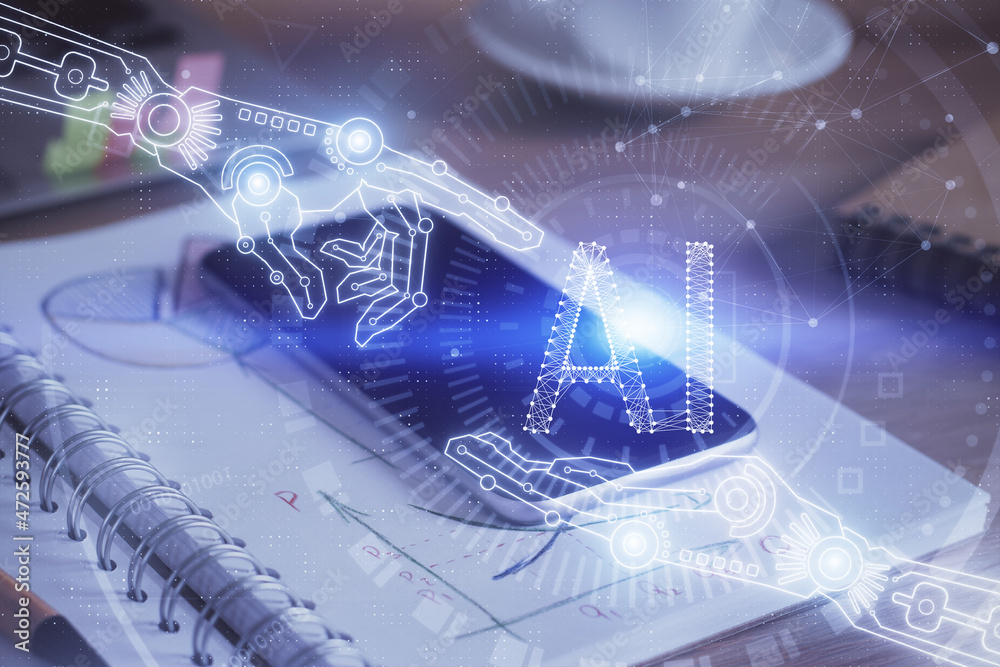 Double exposure of data theme drawing and mobile phone background. Concept of innovation Double exposure of data theme drawing and mobile phone background. Concept of innovation