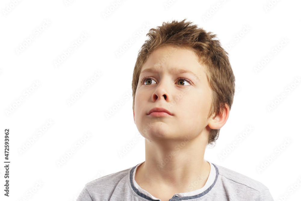 handsome dreamy boy isolated on white. banner