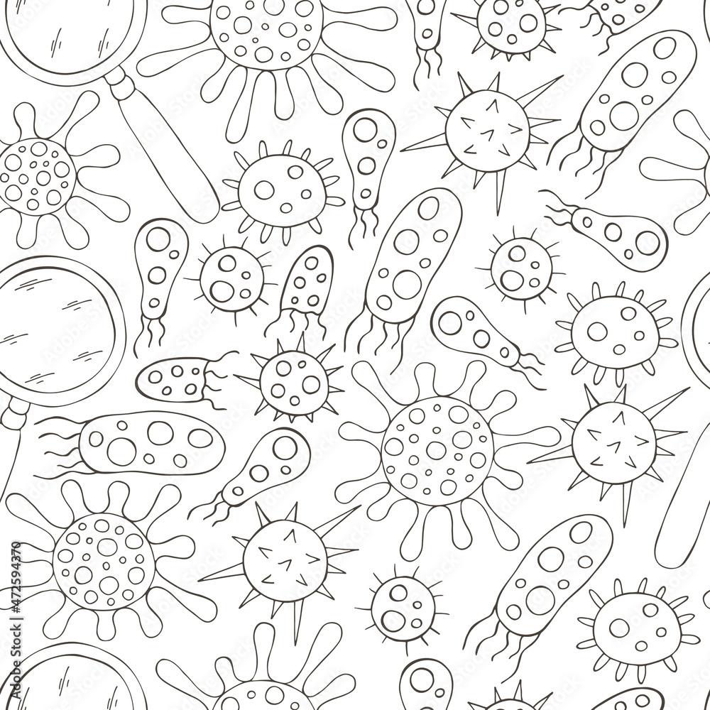 Fototapeta premium Monochrome medical seamless pattern. Coloring pages, black and white