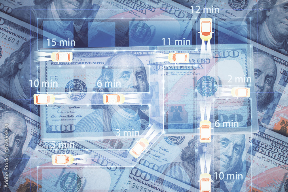 Fototapeta premium Double exposure of tech theme drawing over usa dollars bill background. Concept of autopilot ai.
